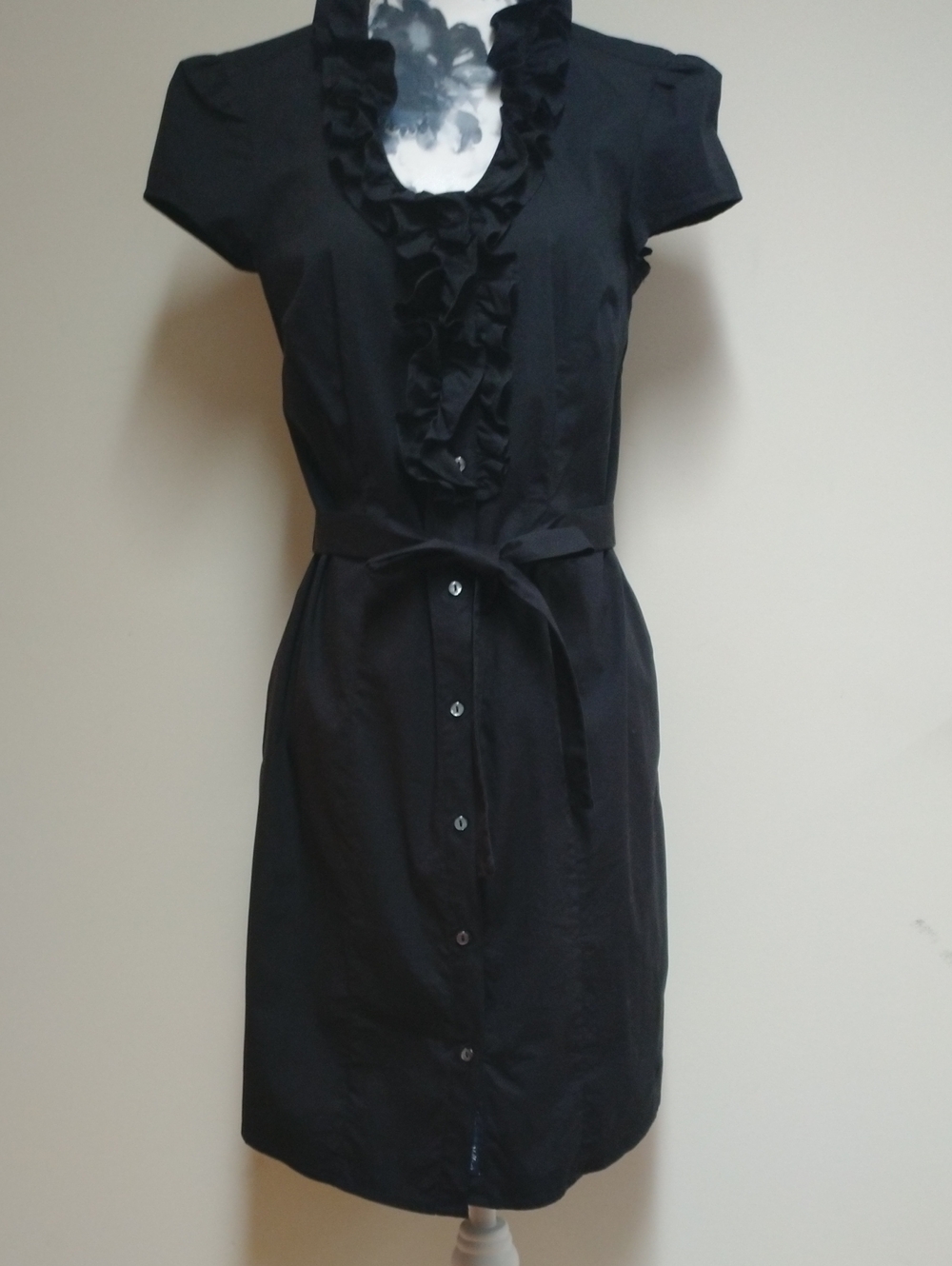 Tommy Hilfiger Black Button-Front Ruffle Neck Cotton Shirt Dress, Size S - Picture 2 of 8